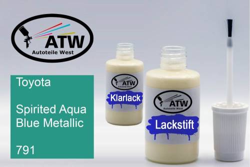 Toyota, Spirited Aqua Blue Metallic, 791: 20ml Lackstift + 20ml Klarlack - Set, von ATW Autoteile West.